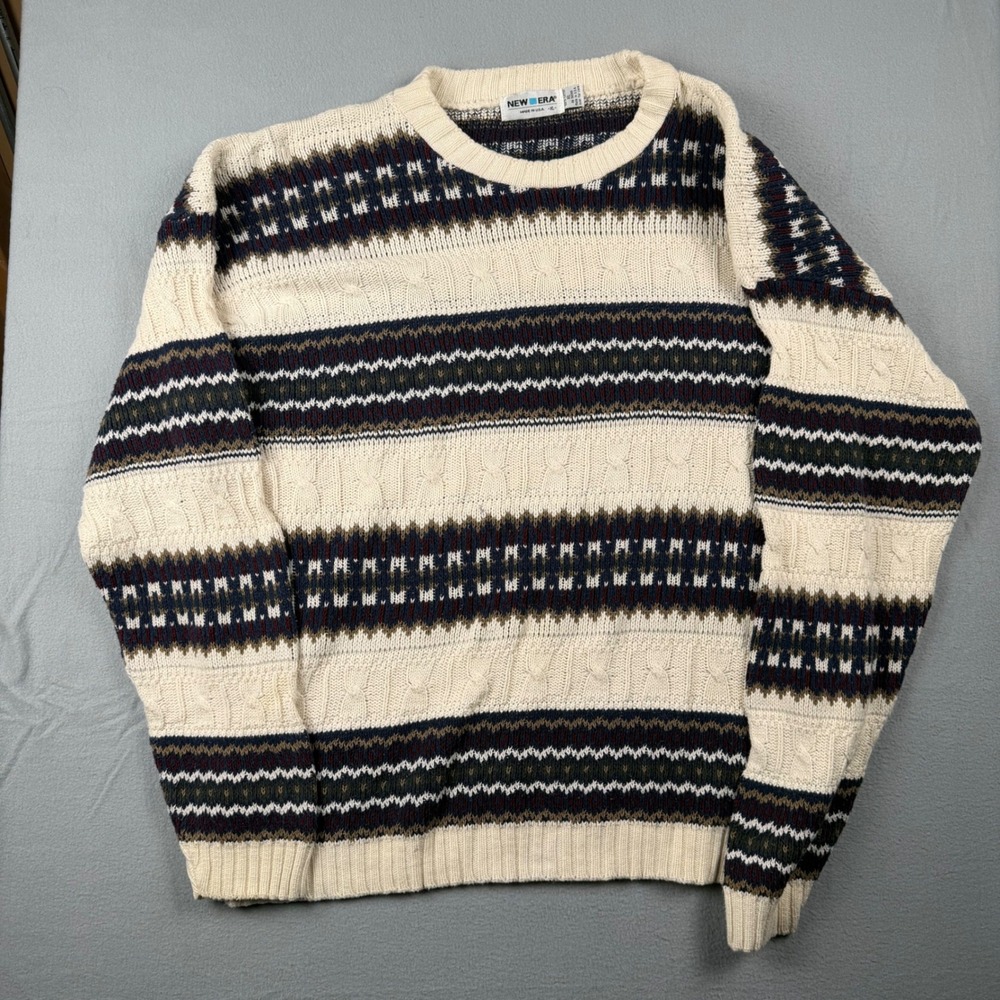 Vintage New Era Mens XL Fair Isle Cable Knit Cotton Sweater Crewneck Made in USA